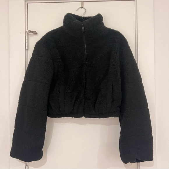 Black Sherpa Cropped Puffer Quilted Teddy Jacket - Picture 1 of 9